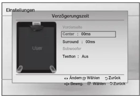 Einstellungen Verzögerungszeit Vorderseite Center : 00ms Surround : 00ms Subwoofer Testton : Aus Ändern Wählen Zurück Beweg. Wählen Zurück
