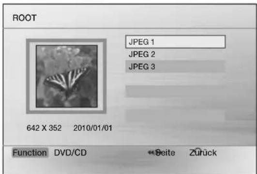 ROOT JPEG 1 JPEG 2 JPEG 3 642 X 352 2010/01/01 Function DVD/CD Seite Zurück