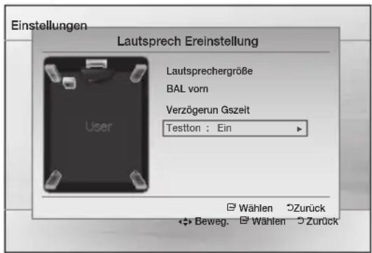 Einstellungen Lautsprech Ereinstellung Lautsprechergröße BAL vorn Verzögerun Gszeit Testton : Ein Wählen Zurück Beweg. Wählen Zurück