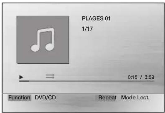 PLAGES 01 1/17 0:15 / 3:59 Function DVD/CD Repeat Mode Lect.