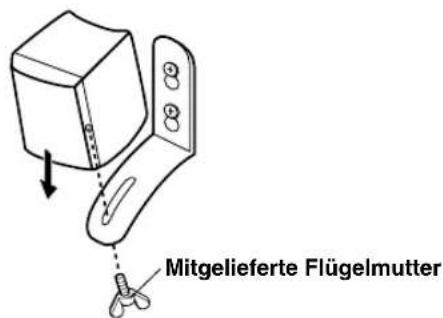 YAMAHA AVS77 - Befestigen Sie den Laatsprecher mit Hilfe der mitgelieferten Flügelmutter an der Halterung. - 1