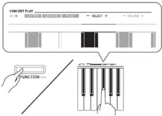 CASIO Celviano AP260 - Pour changer le morceau de démonstration, maintenez le bouton FUNCTION enfoncé lorsque vous spécifiez un numéro de morceau avec les touches de clavier CONCERT PLAY SELECT (+ et -). - 1