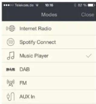 Telekom.de 10:16 82 % Modes Close Internet Radio Spotify Connect Music Player ✓ DAB FM AUX In