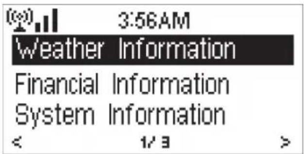 (0) 3:56AM Weather Information Financial Information System Information < 1/3 >