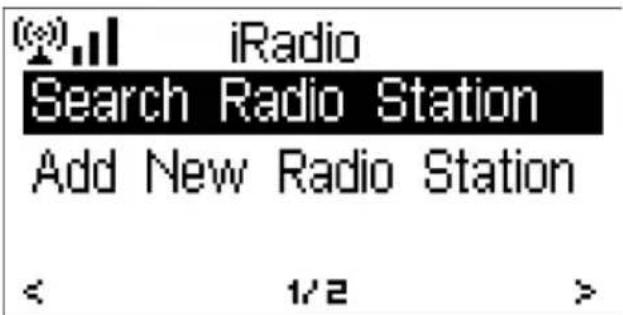 (x) iRadio Search Radio Station Add New Radio Station < 1/2 >