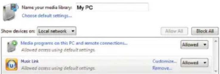 Name your media library: My PC Choose default settings... Show devices on: Local network Allow All Block All Media programs on this PC and remote connections... Allowed access using default settings. Allowed Music Link Allowed access using default settings. Customize... Remove... Allowed