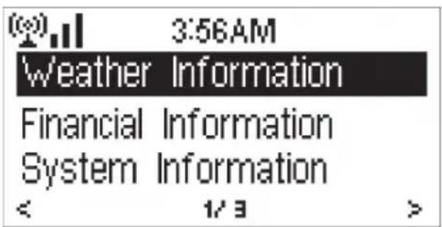 (0) 3:56AM Weather Information Financial Information System Information < 1/3 >