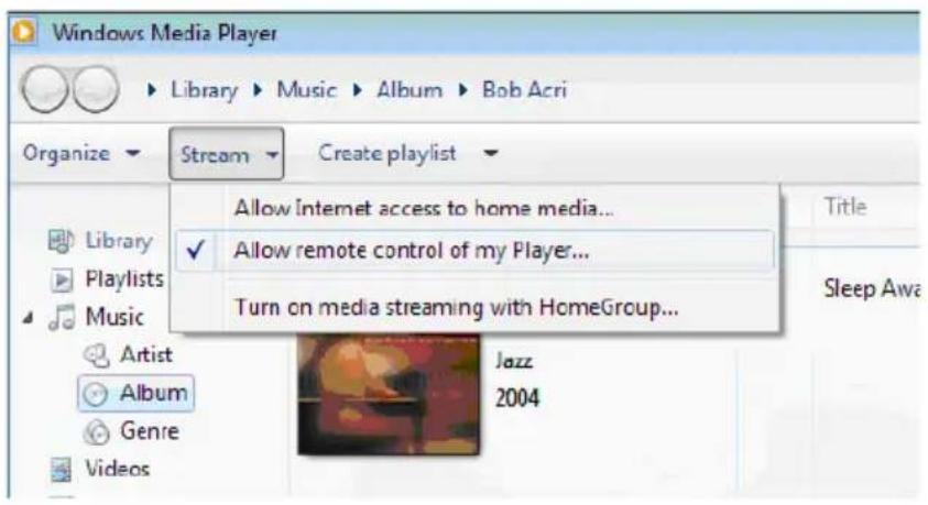 Windows Media Player Library Music Album Bob Acri Organize Stream Create playlist Library Playlists Music Artist Album Genre Videos Allow Internet access to home media... Allow remote control of my Player... Turn on media streaming with HomeGroup... Jazz 2004 Title Sleep Awa