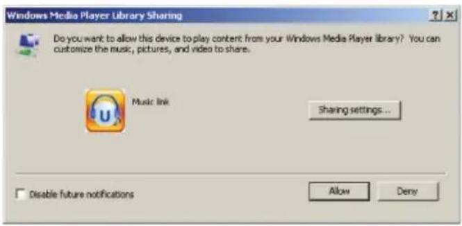 Windows Media Player Library Sharing Do you want to allow this device to play content from your Windows Media Player library? You can customize the music, pictures, and video to share. Music Link Sharing settings... Disable future notifications Allow Deny