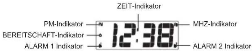 ZEIT-Indikator PM-Indikator — N BEREITSCHAFT-Indikator — ● ALARM 1 Indikator — ↓ 12:38 MHZ-Indikator ALARM 2 Indikator