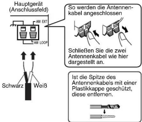 Hauptgerät (Anschlussfeld) AM EXT AM LOOP So werden die Antennen- kabel angeschlossen Schließen Sie die zwei Antennenkabel wie hier dargestellt an. Ist die Spitze des Antennenkabels mit einer Plastikkappe geschützt, diese entfernen.