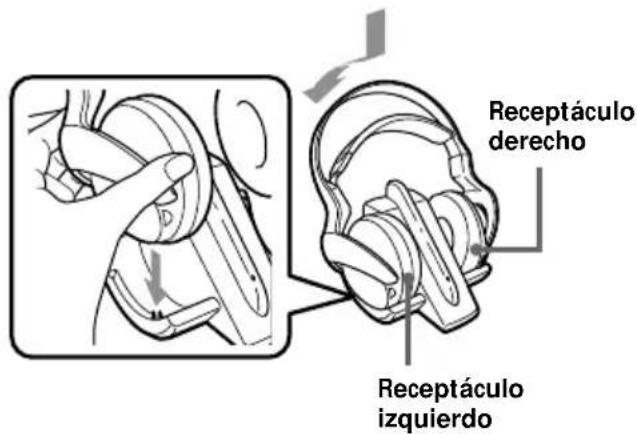 SONY MDRRF850RK - Coloque los auriculares en el transmisor de modo que los orificios de contacto encajen en los pines de contacto del transmisor y asegúrese de que el indicador de carga se ilumina en verde. - 1