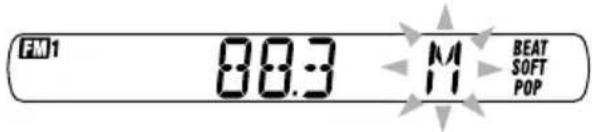 JVC KSFX222 - Press and hold ▲▶|/◀◀ (for KS-FX222) or ∧(for KS-F172) until “M” (manual) starts flashing on the display. - 3