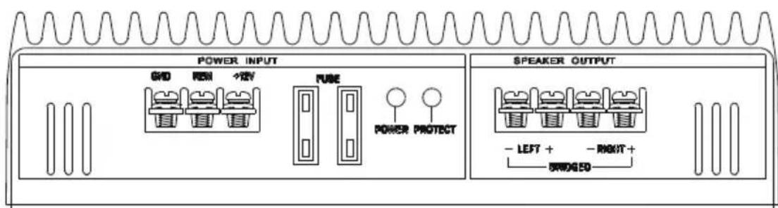 POWER INPUT GND FLOW →2kV FUSE POWER PROTECT SPEAKER OUTPUT - LEFT + - RIGHT + BRIGED