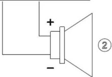 Diagram of a speaker with labeled terminals and polarity indicator