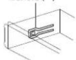 Diagram illustrating three-step installation or assembly process: pinning, pressing a component, and cutting a rectangular part with arrows indicating motion.