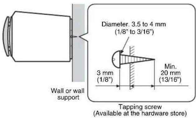 Wall or wall support Diameter. 3.5 to 4 mm (1/8" to 3/16") 3 mm (1/8") Min. 20 mm (13/16") Tapping screw (Available at the hardware store)