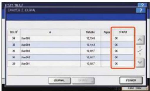 TOSHIBA EStudio 456SE - La liste d'état des communications s'affiche. Si [OK] est indiqué dans l'“état”, la transmission a réussi. - 1