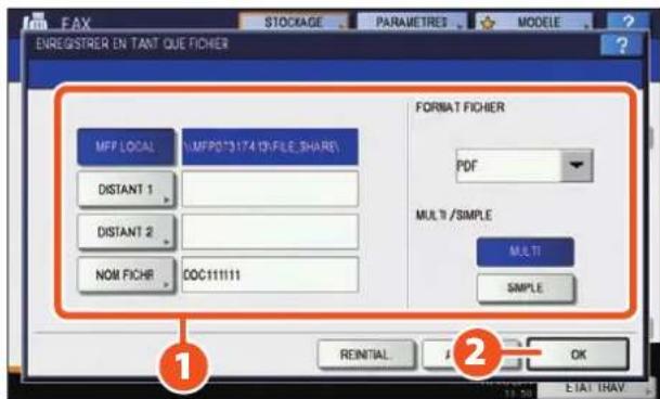 TOSHIBA EStudio 356SE - 1 Renseignez les détails tels que le nom de fichier, le dossier partagé et le format de fichier puis 2 cliquez sur [OK]. - 1