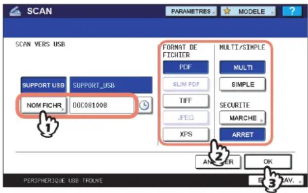 TOSHIBA EStudio 4520c - Si le message "PERIPHERIQUE USB TROUVE" apparait sur l'écran tactile, définitisse les réglages du nouveau fichier selon les besoin. - 1