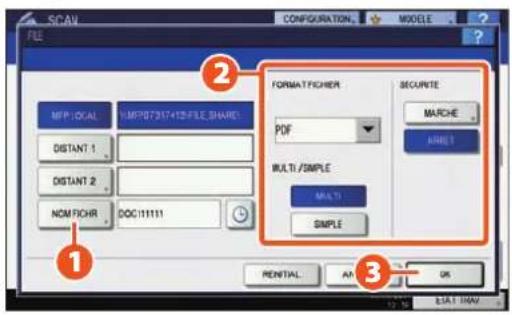 SCAN CONFIGURATION MODELE FILE MFP LOCAL 1.MF707317+15S FILE SHARE DISTANT 1 DISTANT 2 NOM FIOHR DOC:11111 FORMAT FICHER PDF MULTI/SIMPLE MULTI SIMPLE SECURITE MARCHE ARREST 1 2 3 RENTIAL AN OK