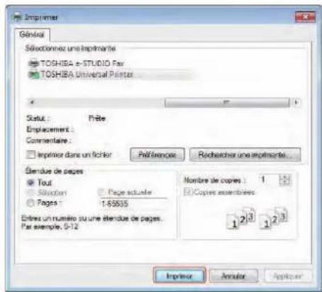 Imprimer Général Sélectionnez une Imprimante TOSHIBA e-STUDIO Fax TOSHIBA Universal Printer Statut : Prête Emplacement : Commentaire : Imprimer dans un fichier Références Rechercheurs une imprimante Étendue de pages Tout Sélection Page actuelle Pages 1-65035 Entre un numéro ou une étendue de pages. Par exemple, S-12 Nombre de copres : 1 Copies assemblées 1 2 3 1 2 3 Imprimer Annoter Applicier