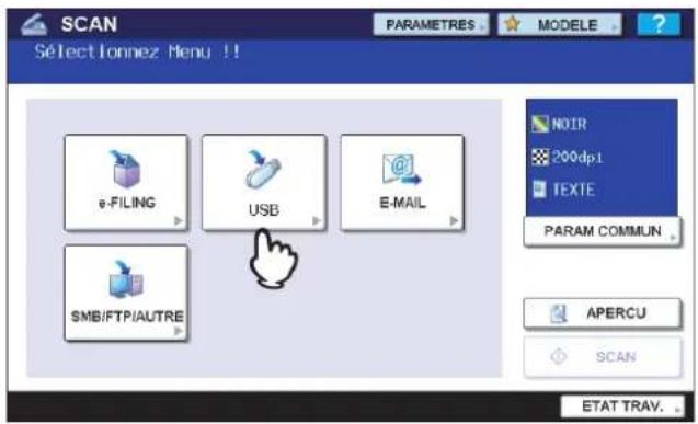 SCAN Sélectionnez Menu !! PARAMETRES MODELE e-FILING USB E-MAIL SMB/FTP/AUTRE NOIR 200dp.1 TEXTE PARAM COMMUN APERCU SCAN ETAT TRAV.