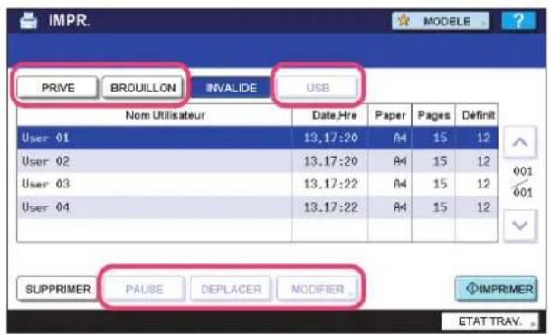 IMPR. PRIVE BROUILLON INVALIDE USB Nom Utilisateur Date,Hre Paper Pages Définit User 01 13.17:20 A4 15 12 User 02 13.17:20 A4 15 12 User 03 13.17:22 A4 15 12 User 04 13.17:22 A4 15 12 SUPPRIMER PAUSE DEPLACER MODIFIER IMPRIMER ETAT TRAY.
