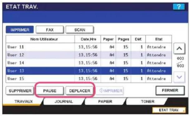 ETAT TRAV. IMPRIMER FAX(SCAN Nom Utilisateur Date Hre Paper Pages Déf. Etat User 11 13,15:56 A4 15 1 Attendre User 12 13,15:56 A4 15 1 Attendre User 14 13,15:56 A4 15 1 Attendre User 13 13,15:56 A4 15 1 Attendre User 15 13,15:56 A4 15 1 Attendre SUPPRIMER PAUSE DEPLACER IMPRIMER FERMER TRAVAUX JOURNAL PAPIER TONER ETAT TRAV.