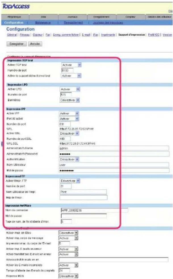 TopAccess Configuration Général | Réseus | Copéure | Fax | Enreay comme l'haier | E-mail | Fax | Imprimante | Support d'impression | Profit ICC | Version Enregistrer | Annals Impression TCP Inat Activer TCP Inat Activer Naméro de port 8100 Activer le support bidirectional Inat Inat Activer Impression LPD Activer LPD Activer Numéro de port 915 Densitres Désactiver Impression IPP Activer IPP Activer Port 80 activé Activer Numéro de port 631 URL https://72.26.01.72.63UP/Print Activer SSL Désactiver Numéro de port SSL 443 URL SSL https://72.26.01.72.41(2)Print Administrators Name admin Administrators Passvoud ****** Authentication Désactiver Nom Utilisateur User Mot de passage ****** Impression FTP Activer fimpr. FTP Désactiver Naméro de port 21 Nom Utilisateur de fimpr. Print Mot de timpr... Impression NetWare Nom de connexion NFP_00000236 Mot de passage Taux de num, de file d'interle d'impr. 5 Active Imp r en titoa Désactiver Activer imp, corps de message Activer Impression max. du corps de IT-mail 5 Activer imp, E-mails en erreur Activer transfert des E-mails en erieur Activer Astrasse frit E-mails en arr. Activer les E-mails incampiets Activer Temps d'interle des E-mails incopriets 24 Répresse MON Désactiver