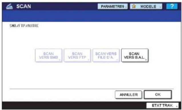 SCAN PARAMETRES MODELE SMB/FTP/AUTRE SCAN VERS SMB SCAN VERS FTP SCAN VERS FILE D'A. SCAN VERS B.A.L. ANNULER OK ETAT TRAV.
