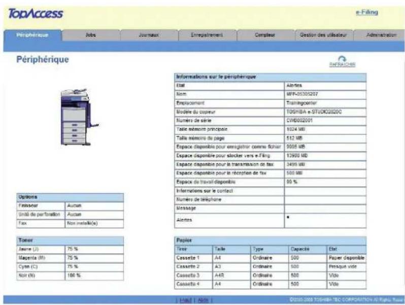 TopAccess e-Filing Périphérique Jobs Journaux Enregistrement Cenacteur Gestion des utilisateur Administration Périphérique SABRAICHE Informations sur le périphérique Etat Altres Nom MFP-20305207 Emploiement Trainingpointer Modèle du copreur TOSHBA e-STUDIC2020C Numéro de série CVB002001 Taille mémors principale 1024 MB Taille mémors du page 512 MB Espace disponible pour enregistrer comme fichier 9006 MB Espace disponible pour sècler vers e-Filing 15980 MB Espace disponible pour le transmission de tax 3499 MB Espace disponible pour le réception de tax 500 MB Espace de travail disponible 90 % Informations sur le contact Numero de téléphone Message * Toner Jaune (J) 75 % Magenta (M) 75 % Cyst (C) 75 % Noir (N) 100 % Papier Taille Type Capacité Etat Cassette 1 A4 Ordinaire 500 Paper disponible Cassette 2 A3 Ordinaire 500 Presque vide Cassette 3 A4F Ordinaire 500 Vide Cassette 4 A4 Ordinaire 500 Vide Hail | Able ©2010-2029 TOSHBA TEC CORPORATION AT Régus Route