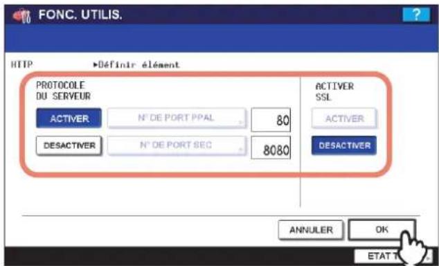 FONC. UTILIS. HTTP ▶Définir élément PROTOCOLE DU SERVEUR ACTIVER N° DE PORT PPAL 80 DESACTIVER N° DE PORT SEC 8080 ACTIVER SSL ACTIVER DESACTIVER ANNULER OK ETATT