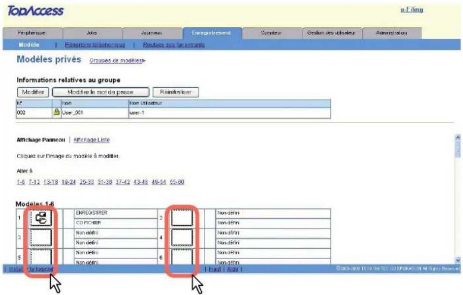TopAccess e-Filing Periplaque | Jobs | Journeus | Enregistrement | Demoteur | Gestion des utiliséur | Administration Modèle | Rénvoire telephonsieur | Roulace des fan entrants Modèles privés Groupes de modèles Informations relatives au groupe Modifier | Modifier le mot de passe | Réinitislier K2 User User Utilisateur 002 User_001 user-1 Affichage Panneux | Affichage Liste Cliquez sur l'image du modèle à modifier. Alter & 1-6 7-12 13-18 19-24 25-30 31-38 37-42 43-48 49-54 55-60 Modelles 1-6 1 ENREGISTRER 2 Non défini CORCHER Non défini Non défini Non défini Non défini Non défini Non défini Non défini Non défini Non défini Non défini Non défini I Baut | Sider | Doutique laufre des contributions et rights reserved
