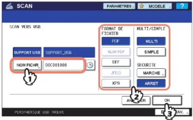 SCAN PARAMETRES MODELE SCAN VERS USB SUPPORT USB SUPPORT_USB NOM FICHR DOC081008 FORMAT DE FICHIER PDF MULTI/SIMPLE SLIM PDF MULTI SIMPLE TIFF SECURITE JPEG MARCHE XPS ARRET ANSFER OK PERIPHERIQUE USB TROUNE E 3 ZAV.