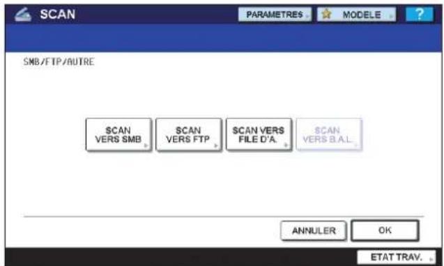 SCAN PARAMETRES MODELE SMB/FTP/AUTRE SCAN VERS SMB SCAN VERS FTP SCAN VERS FILE D'A. SCAN VERS B.A.L. ANNULER OK ETAT TRAV.