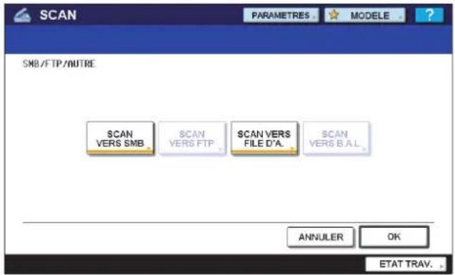 SCAN PARAMETRES MODELE SMB/FTP/AUTRE SCAN VERS SMB SCAN VERS FTP SCAN VERS FILE D'A. SCAN VERS B.A.L. ANNULER OK ETAT TRAV.