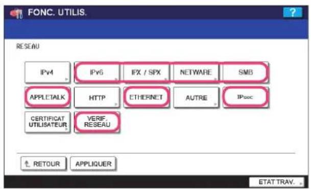 FONC. UTILIS. RESEAU IPv4 IPv6 IPX / SPX NETWARE SMB APPLETALK HTP ETHERNET AUTRE IPsec CERTIFICAT UTILISATEUR VERIF. RESEAU RETOUR APPLIQUER ? ETAT TRAV.