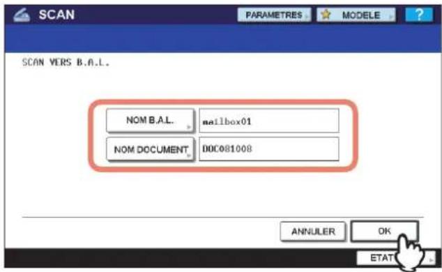 SCAN PARAMETRES MODELE SCAN VERS B.A.L. NOM B.A.L. mailbox01 NOM DOCUMENT DOC081008 ANNULER OK ETAT