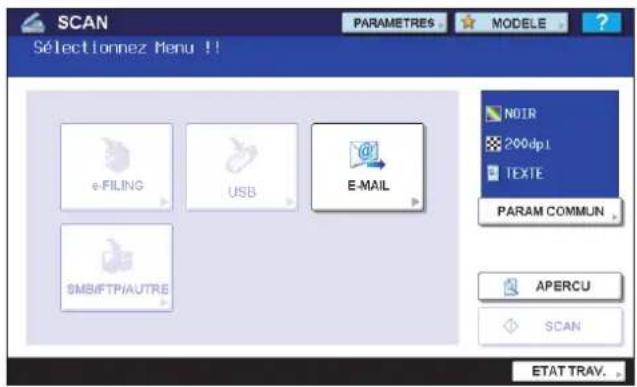 SCAN Sélectionnez Menu !! PARAMETRES MODELE e-FILING USB E-MAIL NOIR 200dpi TEXTE PARAM COMMUN APERCU SCAN ETAT TRAV.