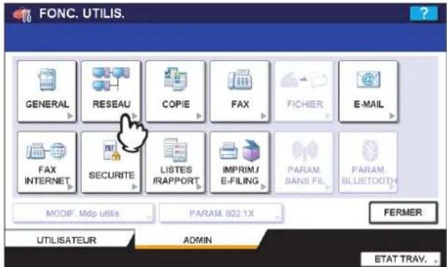 FONC. UTILIS. GENERAL RESEAU COPIE FAX FICHIER E-MAIL FAX INTERNET SECURITE LISTES /RAPPORT IMPRIM/ E-FILING PARAM SANS FIL PARAM BLUETOOTH MODIF. Mdp utilis. PARAM. 802.1X FERMER UTILISATEUR ADMIN ETAT TRAV.