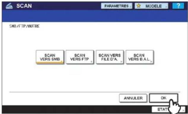 SCAN PARAMETRES MODELE SMB/FTP/AUTRE SCAN VERS SMB SCAN VERS FTP SCAN VERS FILE D'A. SCAN VERS B.A.L. ANNULER OK ETAT