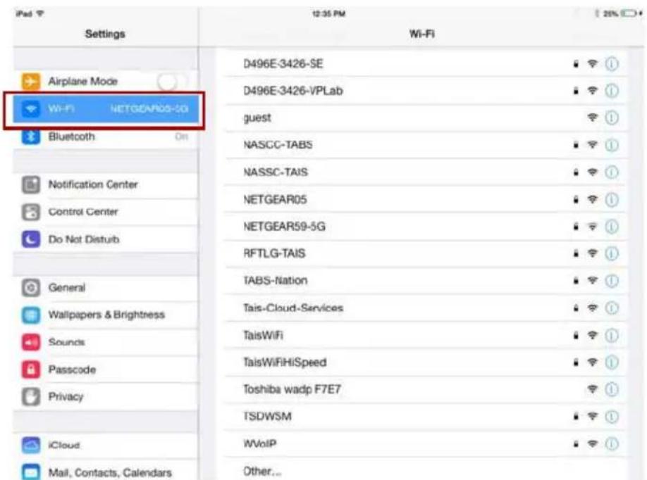 iPad Settings Airplane Mode Wi-Fi NETGEAROS-5G Bluetooth On Notification Center Control Center Do Not Disturb General Wallpapers & Brightness Sounds Passcode Privacy iCloud Mail, Contacts, Calendars 12:35 PM Wi-Fi D496E-3426-SE D496E-3426-VPLab guest NASCC-TABS NASSC-TAIS NETGEAR05 NETGEAR59-5G RFTLG-TAIS TABS-Nation Tais-Cloud-Services TaisWiFi TaisWiFiHiSpeed Toshiba wadp F7E7 TSDWSM WVoIP Other...
