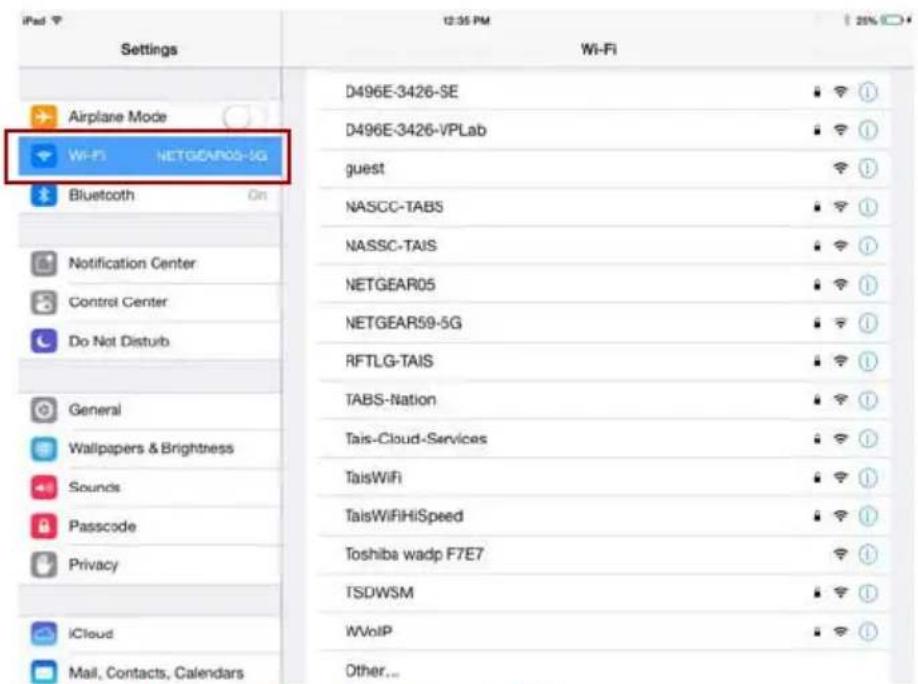 iPad Settings Airplane Mode Wi-Fi NETGEAR05-5G Bluetooth On Notification Center Control Center Do Not Disturb General Wallpapers & Brightness Sounds Passcode Privacy iCloud Mail, Contacts, Calendars 12:35 PM Wi-Fi D496E-3426-SE D496E-3426-VPLab guest NASCC-TABS NASSC-TAIS NETGEAR05 NETGEAR59-5G RFTLG-TAIS TABS-Nation Tais-Cloud-Services TaisWiFi TaisWiFiHiSpeed Toshiba wadp F7E7 TSDWSM WVoIP Other...