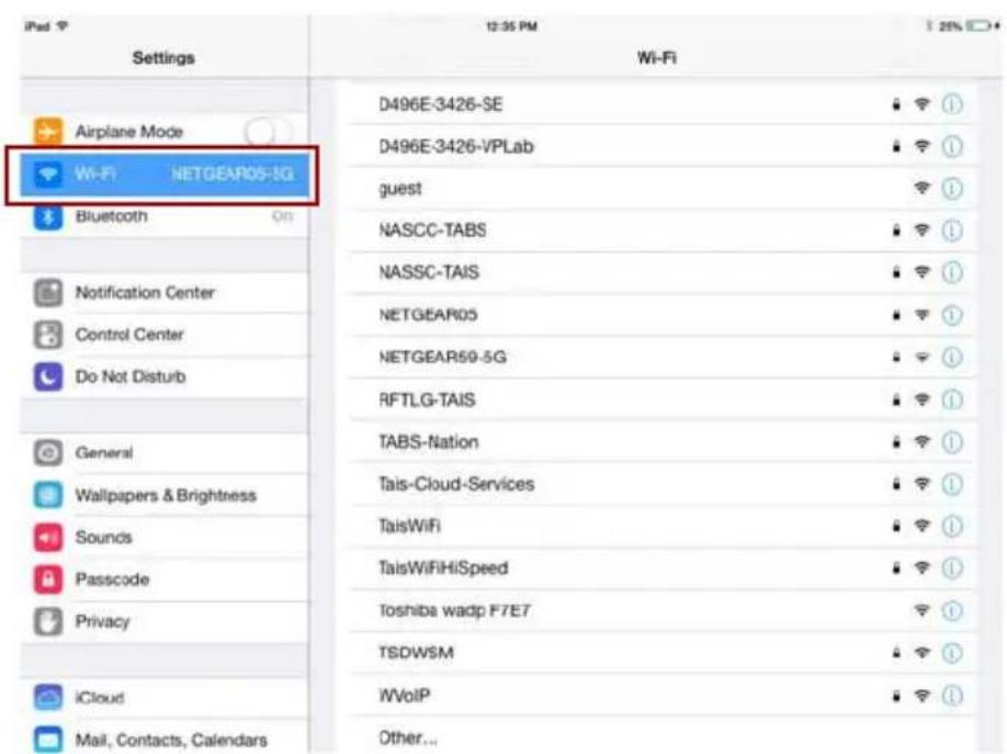 iPad Settings Airplane Mode Wi-Fi NETGEAR05-5G Bluetooth Notification Center Control Center Do Not Disturb General Wallpapers & Brightness Sounds Passcode Privacy iCloud Mail, Contacts, Calendars 12:36 PM Wi-Fi D496E-3426-SE D496E-3426-VPLab guest NASCC-TABS NASSC-TAIS NETGEAR05 NETGEAR50-5G RFTLG-TAIS TABS-Nation Tais-Cloud-Services TaisWiFi TaisWiFiHiSpeed toshiba wadp F7E7 TSDWSM iWolP Other...