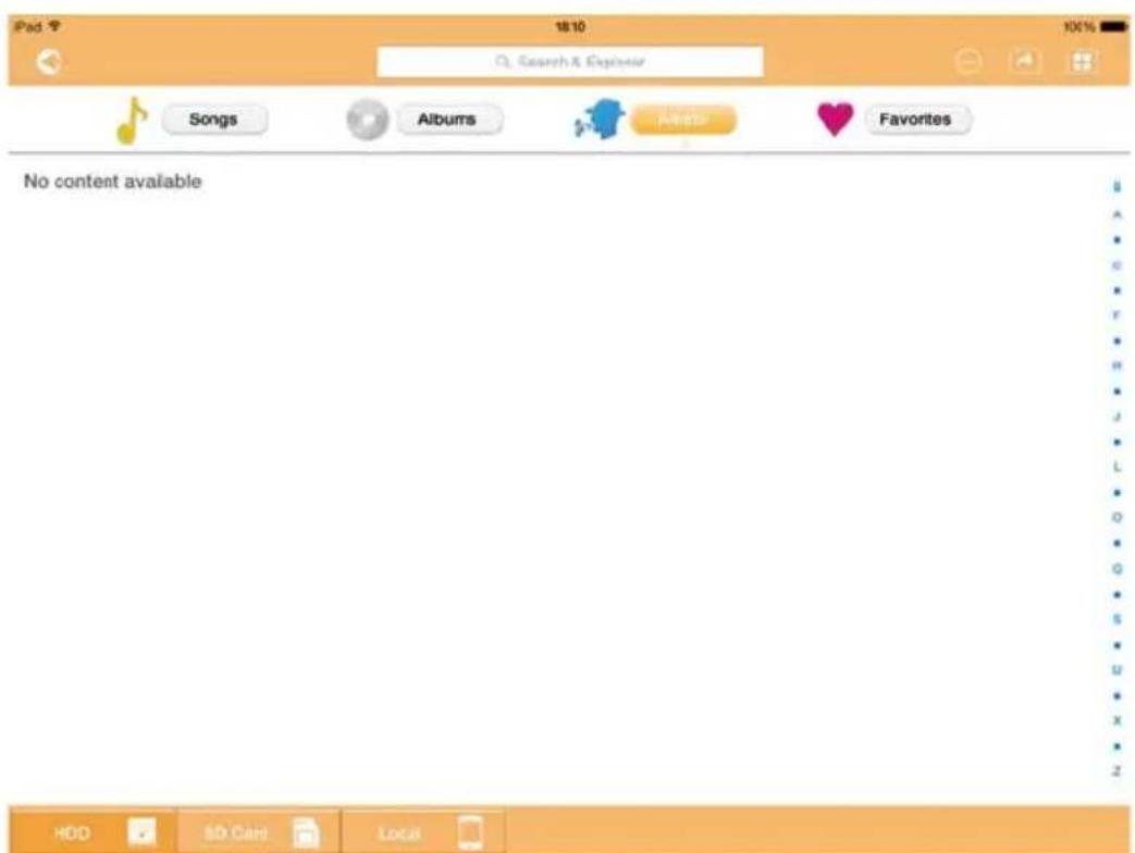 iPad 9 18:10 Q: Search & Explorer Songs Albums Awards Favorites No content available HDD SD Card Local