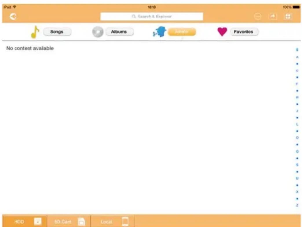 iPad 18:10 Q: Search & Explorer Songs Albums Alats Favorites No content available HDD 6D Card Local