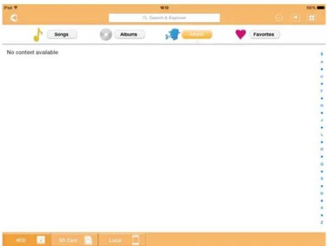 iPad 9 18:10 Q: Search & Explorer Songs Albums AIDS Favorites No content available HDD SD Card Local