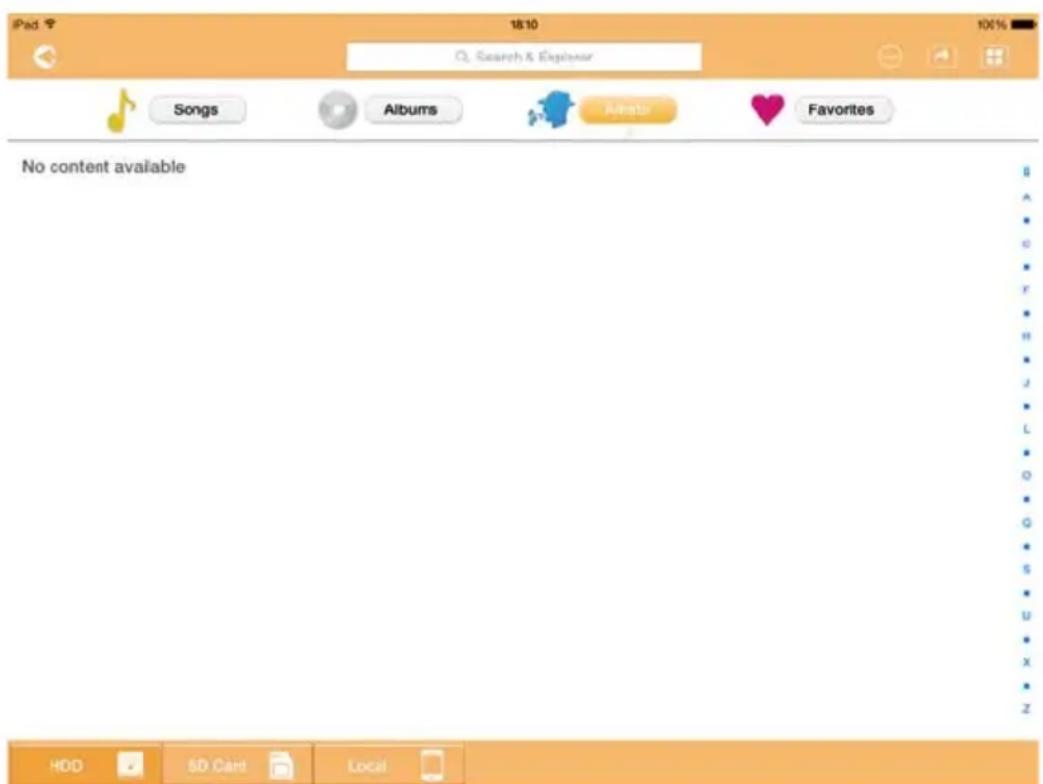 iPad 18:10 Q: Search & Explorer Songs Albums Alats Favorites No content available HDD 5D Card Local