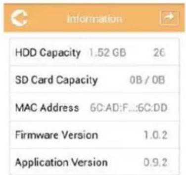 Information HDD Capacity 1.52 GB 26 SD Card Capacity 0B / 0B MAC Address 6C:AD:F...:6C:DD Firmware Version 1.0.2 Application Version 0.9.2